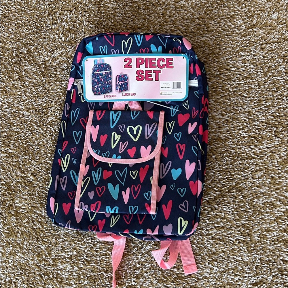 Colorful Heart Print Backpack and Lunch Bag Set